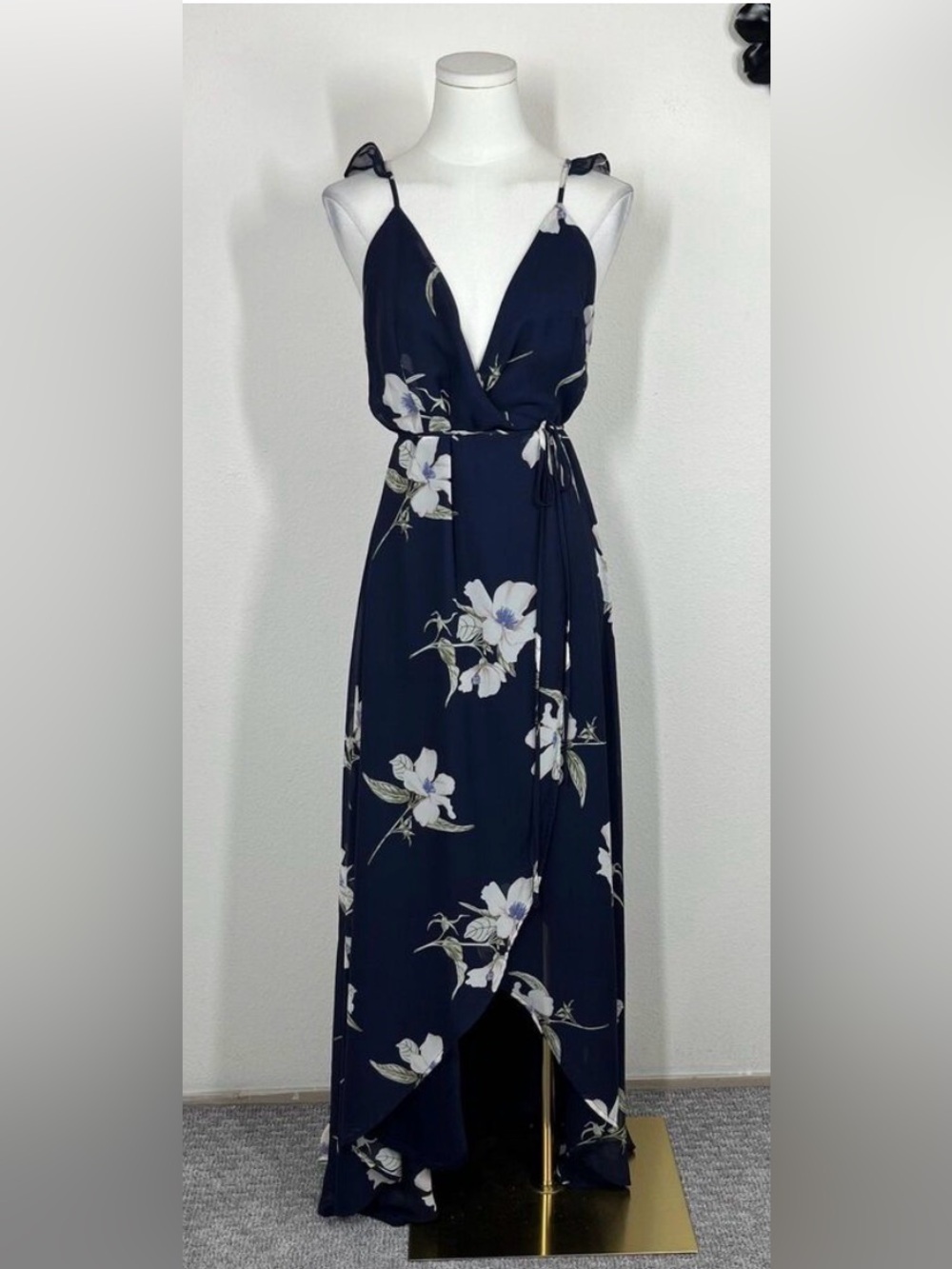 Lulus All Mine Navy Blue Floral Print High-Low Wrap Maxi Dress